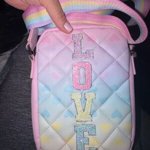 Pastel Quilted LOVE Crossbody Bag with Rainbow Strap